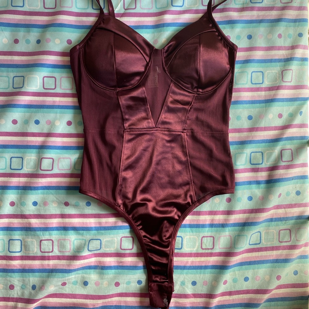 Bozzolo Burgundy Maroon Satin Mesh Bodysuit
